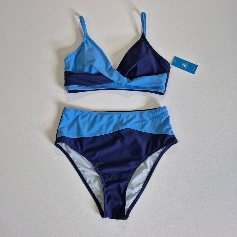CUPSHE Blue Colorblock High Waisted Bikini Set Wrap Top NWT Size Medium